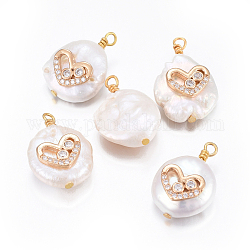 Colgantes naturales de perlas cultivadas de agua dulce, con micro latón allanar fornituras de circonio cúbico, pepitas con corazón, dorado, Claro, 17~26x11~16x5~11mm, agujero: 1.6~2 mm