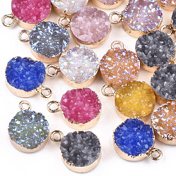Electroplate Druzy Resin Pendants, with Iron Findings, Flat Round, Light Gold, Mixed Color, 16~17x12x6~7mm, Hole: 1mm