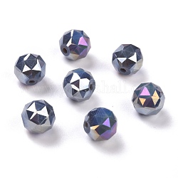 Electroplate Opaque Glass Beads, Rainbow Plated, Faceted, Round, Prussian Blue, 10x9.5mm, Hole: 1.4mm
