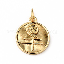 Rack Plating Brass Pendants, with Jump Ring, Cadmium Free & Nickel Free & Lead Free, Flat Round with Flower, Real 18K Gold Plated, 16.5x13.5x1.5mm, Hole: 3.6mm