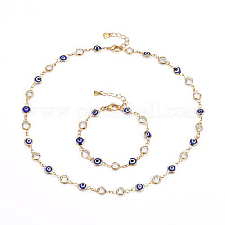 Ensembles de bijoux bracelet et collier chaîne à maillons en laiton, avec verre & zircone cubique & 304 fermoir pince de homard en acier inoxydable, mauvais œil, bleu, or, 7-1/8 pouce (18 cm), 17.32 pouce (44 cm)