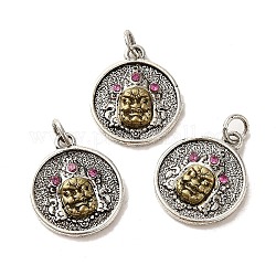 Pendente in ottone, con strass e anellino, piatto rotondo con ciondoli di Buddha, argento antico e oro antico, 17.5x14.5x3mm, Foro: 3 mm