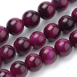 Chapelets de perles d'œil de tigre naturel, teinte, ronde, support violet rouge, 12mm, Trou: 1mm, Environ 34 pcs/chapelet, 15.7 pouce
