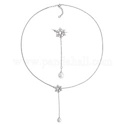 Christmas Snowflake with Pearl Tassel Pendant Lariat Necklace, Rhodium Plated 925 Sterling Silver Jewelry for Women, Platinum, 15.35 inch(39cm)