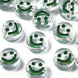 Transparente Acryl Perlen, horizontales Loch, mit Glitzerpulver & Emaille, flach rund mit lächelndem Gesicht, dunkelgrün, 10x5 mm, Bohrung: 2 mm, ca. 1600 Stk. / 500 g
