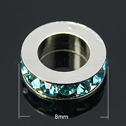 Abalorios de latón Diamante de imitación espaciador, Grado A, color del metal platino, aguamarina, 8x2.5mm, agujero: 5 mm