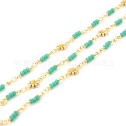 Handmade Brass Link Chains, with Faceted Glass Beads, Long-Lasting Plated, Soldered, with Spool, Flower with Enamel, Golden, Mixed Color, Link: 13x7.5x2mm, 7x3mm