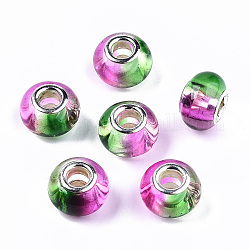 Transparent Two Tone Resin European Beads, Large Hole Beads, with Silver Tone Brass Double Cores, Rondelle, Orchid, 14x9.5mm, Hole: 5mm