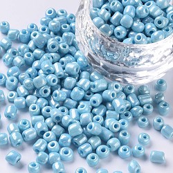 Perles de rocaille en verre, couleurs opaques lustered, ronde, cyan clair, 4mm, Trou: 1.5mm, environ 4500 pcs / livre