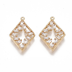 Brass Cubic Zirconia Pendants, Nickel Free, Real 18K Gold Plated, Rhombus, Clear, 15.5x10.5x2mm, Hole: 0.7mm