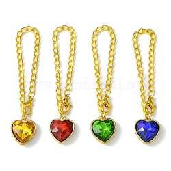 Alloy with Faceted Glass Rhinestone Cup Pendant Decorations, with Iron Twisted Chains Curb Chain, Golden, Mixed Color, Heart, 131mm, 4 color, 1pc/color, 4pcs/set