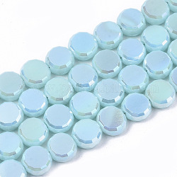 Chapelets de perles en verre opaque de couleur unie, de couleur plaquée ab , plat rond à facettes, lumière bleu ciel, 8x4mm, Trou: 1.5mm, Environ 99~101 pcs/chapelet, 27.76 pouce ~ 28.94 pouces, (70.5 cm ~ 73.5 cm)