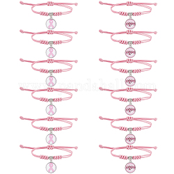 Nbeads 12 個 2 スタイル乳がん啓発ガラスチャーム編組ビーズブレスレット  女性のための調節可能なブレスレット  ピンク  内径：7/8~3-1/8インチ（2.15~8.05cm）  6個/スタイル