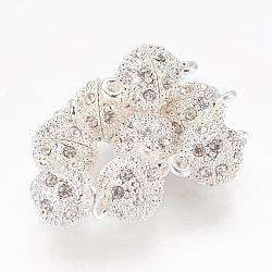 Alloy Rhinestone Magnetic Clasps with Loops, Oval, Silver Color Plated, 16x10mm, Hole: 1.5mm