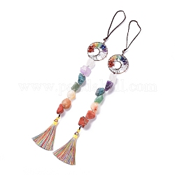 Natural Gemstone Big Pendant Decorations, with Brass Findings and Nylon Tassel, Tree of Life, Chakra, 400x50mm