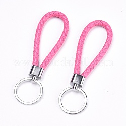 Porte-clés pu tressé, avec accessoires en alliage et anneau en fer, platine, rose chaud, 125~130x7.5~8mm