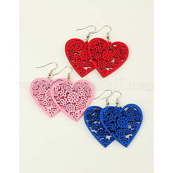 Fashion Wood Earrings, with Brass Earring Hooks, Heart, Mixed Color, 59mm