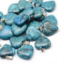 Corazón teñido colgantes de piedras preciosas naturales, con fornituras de latón de tono platino, 20~22x20~21x5~8mm, agujero: 2x7 mm