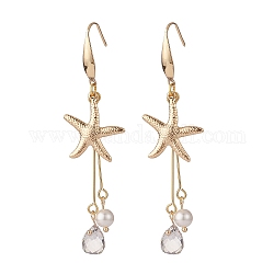 Étoile de mer/étoiles de mer 304 boucle d'oreille pendante en acier inoxydable, Boucles d'oreilles longues en perles de coquillage et perles de verre transparentes pour femmes, or, 75mm, pin: 0.7 mm