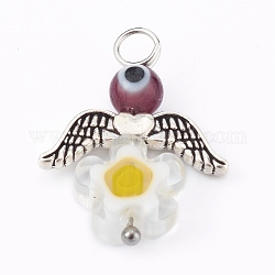 Handmade Millefiori Glass Pendants, with Evil Eye Lampwork Round Bead and Alloy Beads, Angel, Antique Silver, Purple, 26.5x20x7mm, Hole: 3mm