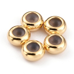 Perline in ottone, con gomma all'interno, perle scorrevoli, branelli del tappo, placcato di lunga durata, rondelle, vero placcato oro 24k, 6x3mm, foro di gomma: 1.2 mm