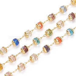 Handmade Glass Beaded Chains, with Brass Findings, Long-Lasting Plated, Rondelle, Faceted, Soldered, Golden, Colorful, 4mm, about 32.8 Feet(10m)/roll