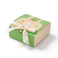 Confezione regalo in cartone cartone animato, con nastro di colore ramdom, rettangolo, verde giallo, Coniglio modello, piega: 12.9x11.5x5.1 cm