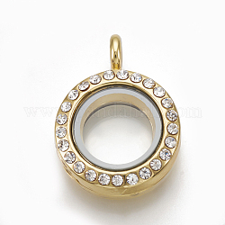 Alliage pendentifs médaillon magnétiques, avec strass et de verre, plat rond, cristal, or, 26x19x8mm, Trou: 3.5mm, diamètre intérieur: 10.5 mm