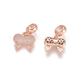 Brass Micro Pave Cubic Zirconia European Dangle Charms, Large Hole Pendants, Bowknot, Clear, Rose Gold, 22mm, Bowknot: 11.5x13.5x5mm, Hole: 5mm