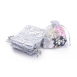Rose Printed Organza Bags, Gift Bags, Rectangle, White, 12x10cm
