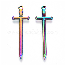 Colgantes de 304 acero inoxidable, amuleto de espada, color del arco iris, 45x13.5x2mm, agujero: 1.8 mm