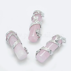 Ciondoli quazo rosa naturale, con accessori di ottone, colonna con drago, platino, 40.5~41.5x14x15mm, Foro: 3.5x5 mm