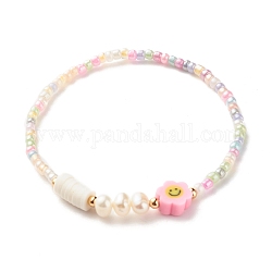 Beaded Stretch Bracelets, Polymer Clay Flower Beads, Natural Cultured Freshwater Pearl Beads, Glass Seed Beads, Pink, 1/8 inch(0.3cm), Inner Diameter: 2-1/4 inch(5.7cm)