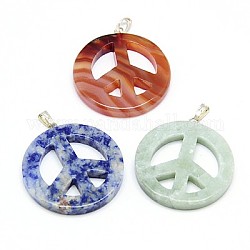 Gemstone Pendants, with Brass Findings, Flat Round with Peace Sign, Platinum, Mixed Color, 30x4.5mm, Hole: 2mm