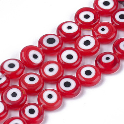 Handmade Evil Eye Lampwork Beads Strands, Flat Round, Red, 9.5~10.5x3.5~4mm, Hole: 1.2mm, about 38pcs/strand, 14.1 inch~14.5 inch
