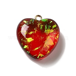 Pendenti in resina trasparente, charms cuore, con lamina d'oro e anelli di ferro tono dorato, rosso, 23.5~24x22x11~12mm, Foro: 2 mm
