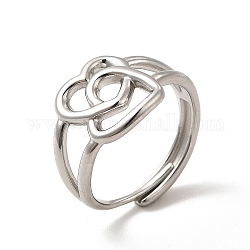 304 anello regolabile a doppio cuore in acciaio inossidabile da donna, colore acciaio inossidabile, diametro interno: 19mm