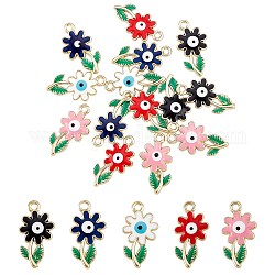 20Pcs 5 Colors Rack Plating Alloy Enamel Pendants, Cadmium Free & Nickel Free & Lead Free, Light Gold, Flower with Evil Eye, Mixed Color, 25.5x14x3.5mm, Hole: 2mm, 4pcs/color