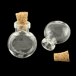 Bouteille en verre plat rond pour les contenants de perles, avec bouchon en liège, souhaitant bouteille, clair, 25x20x13mm, Trou: 6mm, goulot d'étranglement: 9mm de diamètre, capacité: 1.2 ml (0.04 oz liq.)