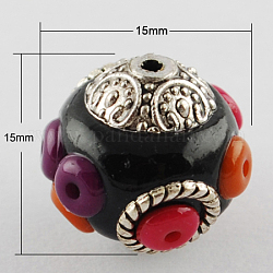 Handmade Indonesia Beads, with Alloy Cores, Round, Antique Silver, Black, 15x15x15mm, Hole: 2mm