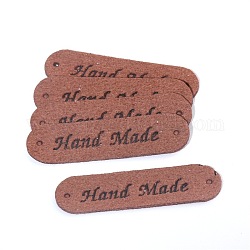 Microfiber Leather Labels, Handmade Embossed Tag, with Holes, for DIY Jeans, Bags, Shoes, Hat Accessories, Rectangle with Word Handmade, Saddle Brown, 12x45mm