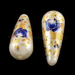 Teardrop Flower Printed Acrylic Beads, Imitation Pearl Beads, Opaque, Dark Blue, 32x13mm, Hole: 1.5mm