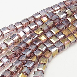 Abalorios de vidrio electroplate hebras, color de ab chapado, facetados, cubo, púrpura, 6x6x6mm, agujero: 1 mm