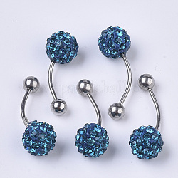 Stainless Steel Body Jewelry, Belly Rings, with Polymer Clay Rhinestones, Round Ball Curved Barbell Navel Rings, Light Sapphire, 25~29.5x10mm, Bar Length: 1/2