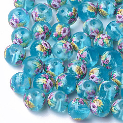 Bedruckte & sprühlackierte transparente Glasperlen, Runde mit Blumenmuster, Licht Himmel blau, 8~8.5x7.5 mm, Bohrung: 1.4 mm