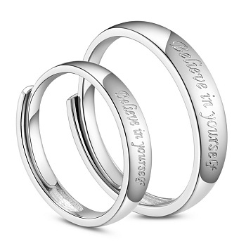 Shegrace 925 пара колец из стерлингового серебра с родиевым покрытием, Обещание кольцо, вырезанные словом, верят в себя, платина, мужчины: 20 мм, женщины: 18 мм