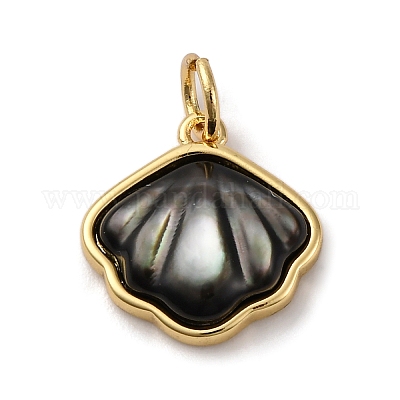 Подвески из натуральной черной ракушки в латунной оправе KK-P308-05G-01-1