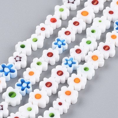 手作りミッレフィオーリガラスビーズ連売り 花 ホワイト 6.4~9x3.2mm 