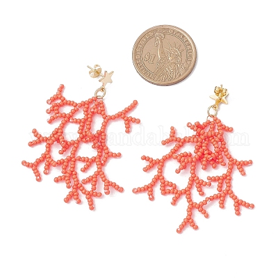 Звезда с коралловыми бусинами ручной работы из стекла серьги-гвоздики с кисточками EJEW-MZ00472-01-1