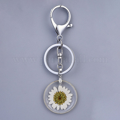 Alloy Resin Dried Flower Keychain, with Platinum Tone Alloy Key Clasps and  Iron Key Rings, Clear, 93mm